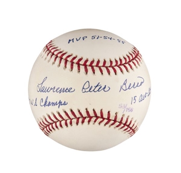 Yogi Berra Signed "Lawrence Peter Berra" Official American League Baseball with Several Inscriptions (LE 53/158 - Steiner)